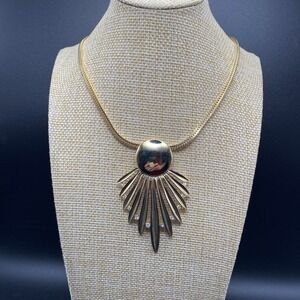 Unsigned Gold Tone Necklace 1980s Atomic Sunburst Brutalist Gold 24"